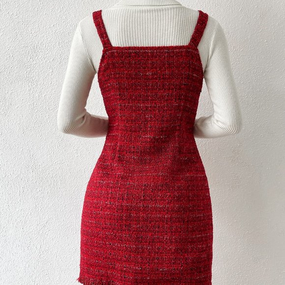 Red Preppy Womens Button Front Raw Hem Tweed Overall Dress - Picture 2 of 5